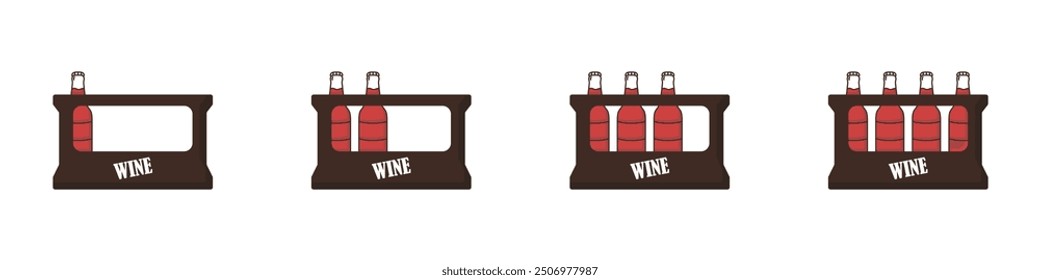 Wine crate vector. Set of boxes with bottles vector. Set of wine bottles. Stickers of an empty and full box with bottles. Bottle carrier.