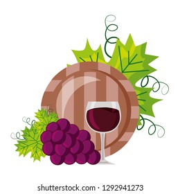 wine cup barrel and grapes on white background vector illustration