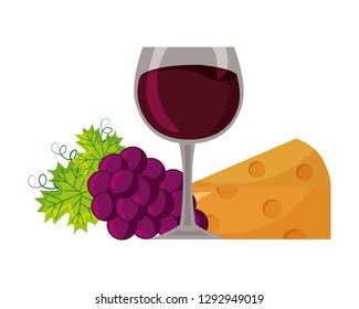 wine cup cheese bunch grapes vector illustration