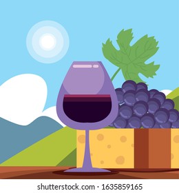 Wine cup cheese and grapes in front of landscape design, Winery alcohol drink beverage restaurant and celebration theme Vector illustration