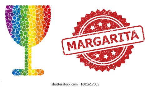 Wine cup collage icon of round dots in different sizes and LGBT colored shades, and Margarita scratched rosette stamp seal. A dotted LGBT-colored Wine cup for lesbians, gays, transgenders,