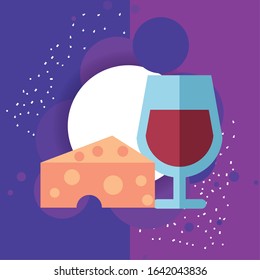 wine cup drink with cheese portion vector illustration design