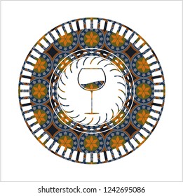 wine cup icon inside arabesque emblem background. arabic decoration.