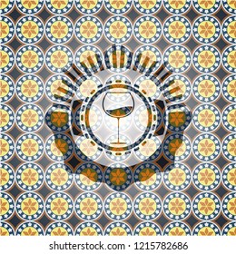 wine cup icon inside arabic badge. Arabesque decoration.