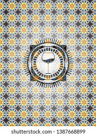 wine cup icon inside arabic badge. Arabesque decoration.