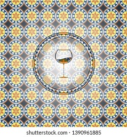 wine cup icon inside arabic style emblem. Arabesque decoration.