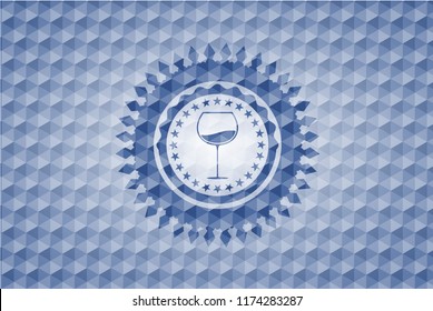 wine cup icon inside blue hexagon badge.