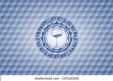 wine cup icon inside blue emblem or badge with geometric pattern background.