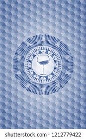 wine cup icon inside blue emblem with geometric pattern background.