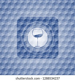 wine cup icon inside blue emblem with geometric background.