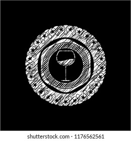 wine cup icon inside chalkboard emblem on black board