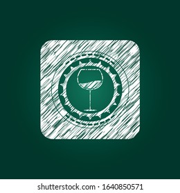 wine cup icon inside chalkboard emblem on black board