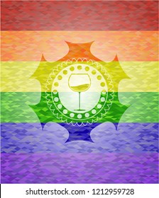 wine cup icon inside emblem on mosaic background with the colors of the LGBT flag