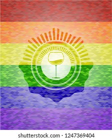 wine cup icon inside emblem on mosaic background with the colors of the LGBT flag