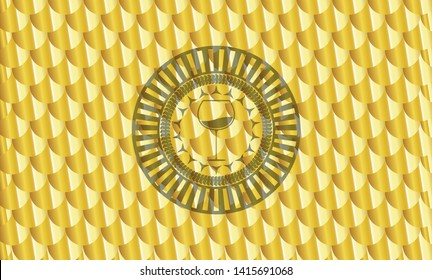wine cup icon inside gold shiny badge. Scales pattern. Vector Illustration. Detailed.