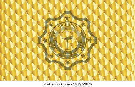 wine cup icon inside gold badge. Scales pattern. Vector Illustration. Detailed.