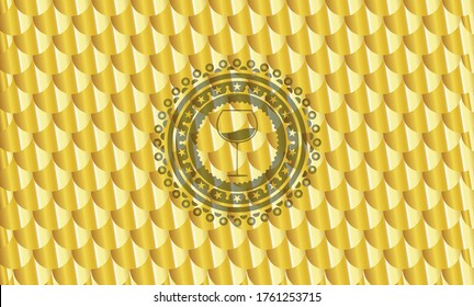 wine cup icon inside gold shiny emblem. Scales pattern. Vector Illustration. Detailed. 