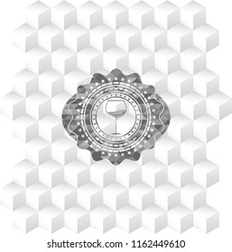 wine cup icon inside grey emblem with geometric cube white background