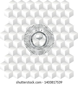 wine cup icon inside grey badge with geometric cube white background