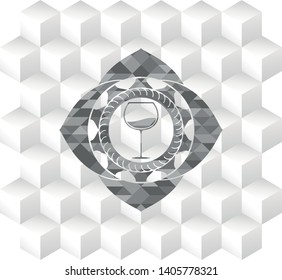 wine cup icon inside grey emblem with geometric cube white background