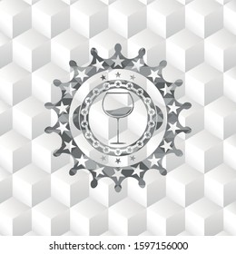 wine cup icon inside grey emblem with cube white background