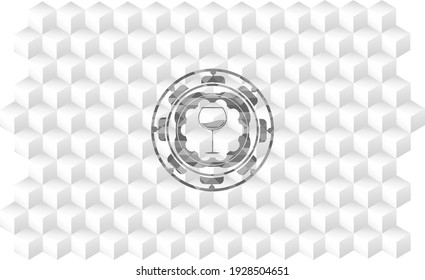 wine cup icon inside grey emblem with geometric cube white background. 