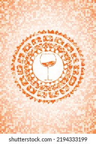 wine cup icon inside orange mosaic emblem. 