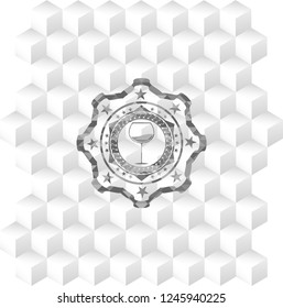 wine cup icon inside realistic grey emblem with geometric cube white background