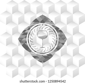 wine cup icon inside realistic grey emblem with geometric cube white background