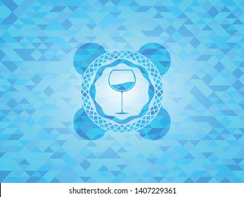 wine cup icon inside realistic sky blue emblem. Mosaic background
