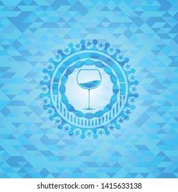 wine cup icon inside realistic sky blue emblem. Mosaic background