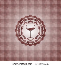 wine cup icon inside red emblem or badge with abstract geometric pattern background. Seamless.