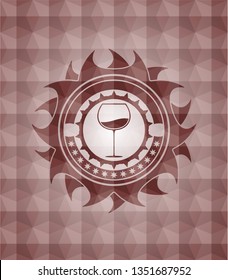 wine cup icon inside red emblem or badge with geometric pattern background. Seamless.