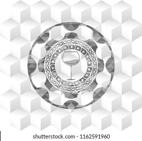 wine cup icon inside retro style grey emblem with geometric cube white background