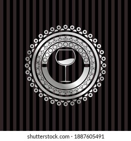 wine cup icon inside silver shiny emblem. 