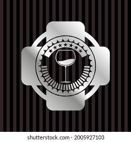 wine cup icon inside silver shiny badge. 