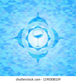 wine cup icon inside sky blue emblem with triangle mosaic background