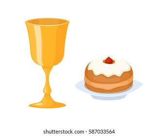 Wine Cup Used For Jewish Kiddush Shabbat Drink Judaica Metal Symbol And Kiddush Food Hebrew Decorative Festival Sparkle Service Vector Illustration.