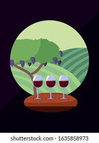 Wine cups in front of grapes tree design, Winery alcohol drink beverage restaurant and celebration theme Vector illustration