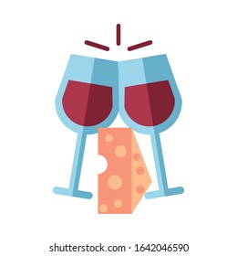 wine cups glasses with cheese portion vector illustration design