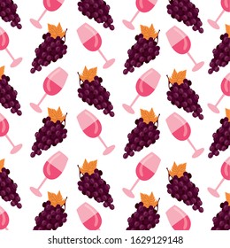 wine cups and grapes fruits pattern vector illustration design