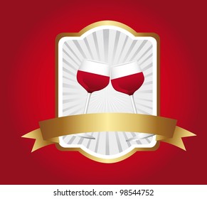 wine cups over label over red background. vector illustration