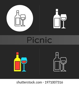 Wine dark theme icon. Alcoholic drink. Wine bottle and glass. Serving beverage for barbecue. Drinking in public places. Linear white, simple glyph and RGB color styles. Isolated vector illustrations