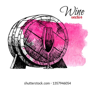 Wine degustation concept in hand drawn design. Barrel, grapes glass of wine on watercolor red background.