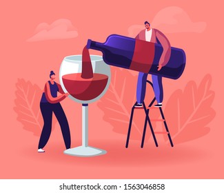 Wine Degustation. Man Pouring Wine to Woman Holding Huge Glass. Girl with Wineglass Tasting Alcohol Drink. Professional Expert with Bottle Explaining Beverage Features. Flat Vector Illustration