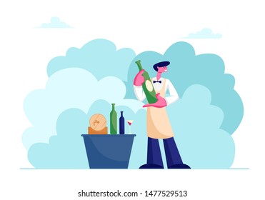 Wine Degustation with Man Professional Expert Sommelier. Character Wearing Apron Holding Wine Bottle for Tasting Alcohol Drink Explaining Beverage Features to Customers. Flat Vector Illustration