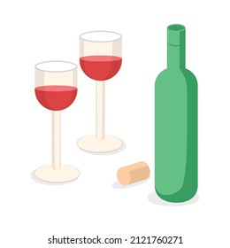 Wine degustation vector isometric illustration set with glasses of wine, bottle and cork.