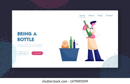 Wine Degustation Website Landing Page. Man Professional Expert Sommelier Character Presenting Wine Bottle for Tasting Alcohol Drink, Beverage Features Web Page Banner. Cartoon Flat Vector Illustration