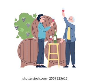 Wine degustation. Winemakers tasting wine, sommelier working on winery or cellar. Men drinking alcohol beverages, wooden barrels and grapes flat recent vector scene