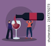 Wine Degustation. Woman pouring wine to man holding huge glass. Man with wine glass tasting alcoholic drink. Professional expert with bottle explaining beverage features. Flat vector illustration.